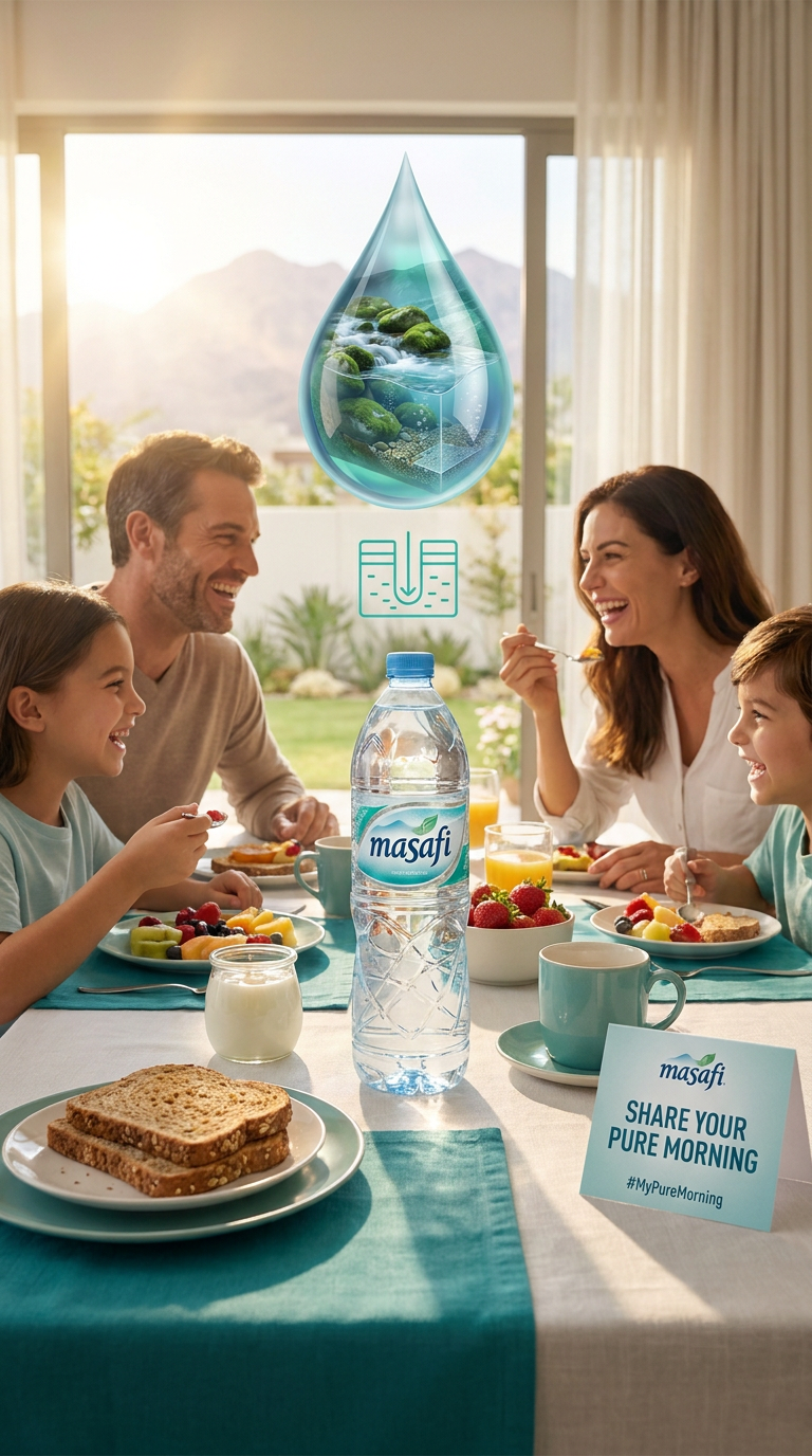 Family at a sunlit breakfast table with a Masafi bottle at the centre and a card reading Share Your Pure Morning #MyPureMorning