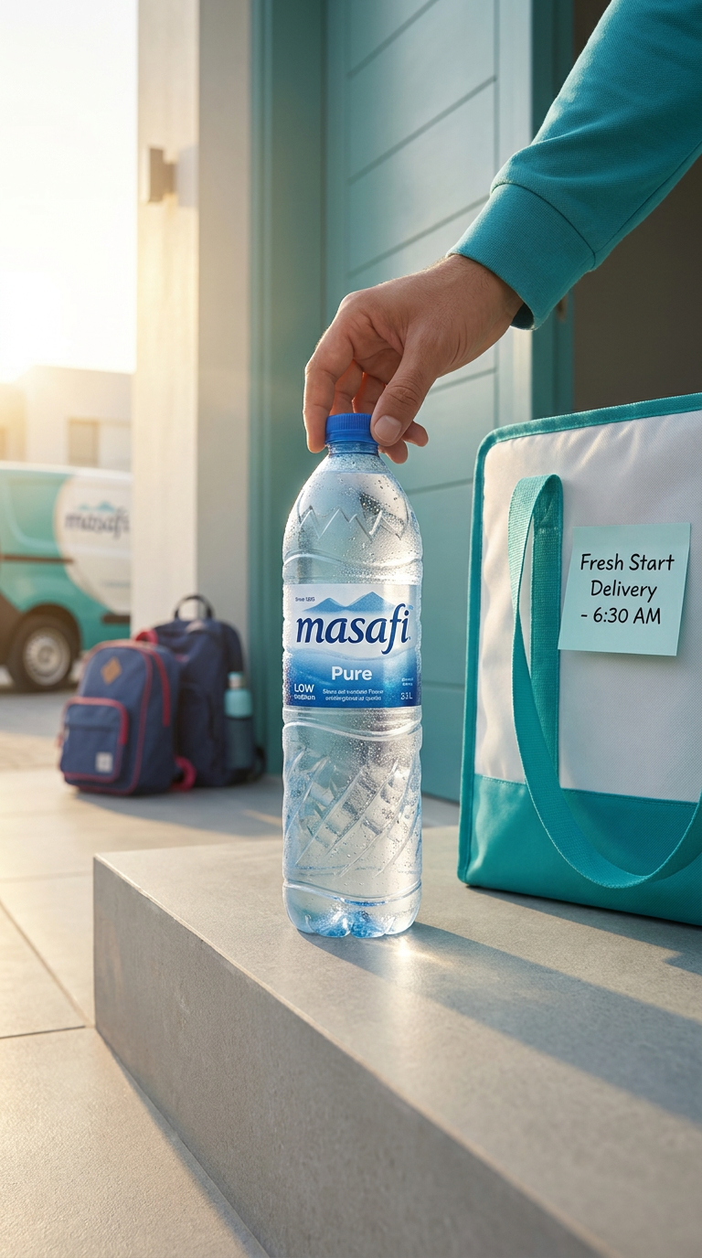 Chilled Masafi bottle placed at a front door at sunrise with a Fresh Start Delivery 6:30 AM note, school backpack and delivery van in the background