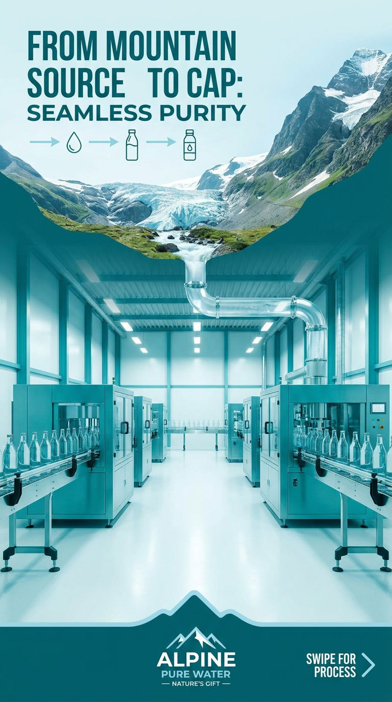 Mountain stream flowing directly into a teal bottling facility — from mountain source to cap, seamless purity