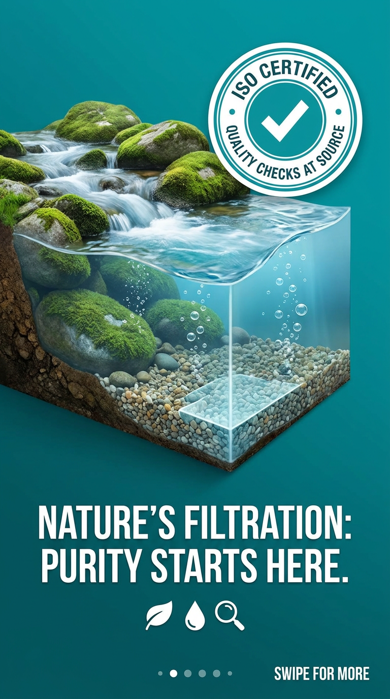 Cutaway of a mountain stream showing water filtering through rock and gravel layers, with an ISO Certified quality badge