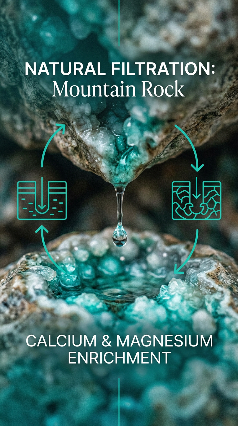 Macro shot of a water drop falling between mineral-rich crystalline rock, labelled Natural Filtration: Mountain Rock — Calcium and Magnesium Enrichment